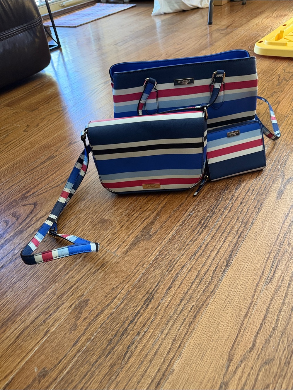kate spade Navy, Blue, White & Pink Striped Tote, Crossbody & Wallet Set